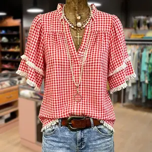 Cherrybetty 100% Cotton Classic Gingham V-Neck Frayed Hem Cotton Top Outfit Inspo Going Out Tops Summer Fashion Sweety Essential Comfort Tops