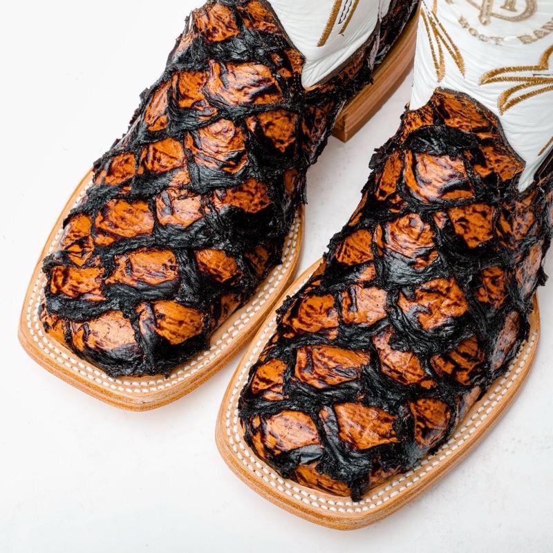 Honey Cognac Jumbo Pirarucu Leather Boots - Square Toe