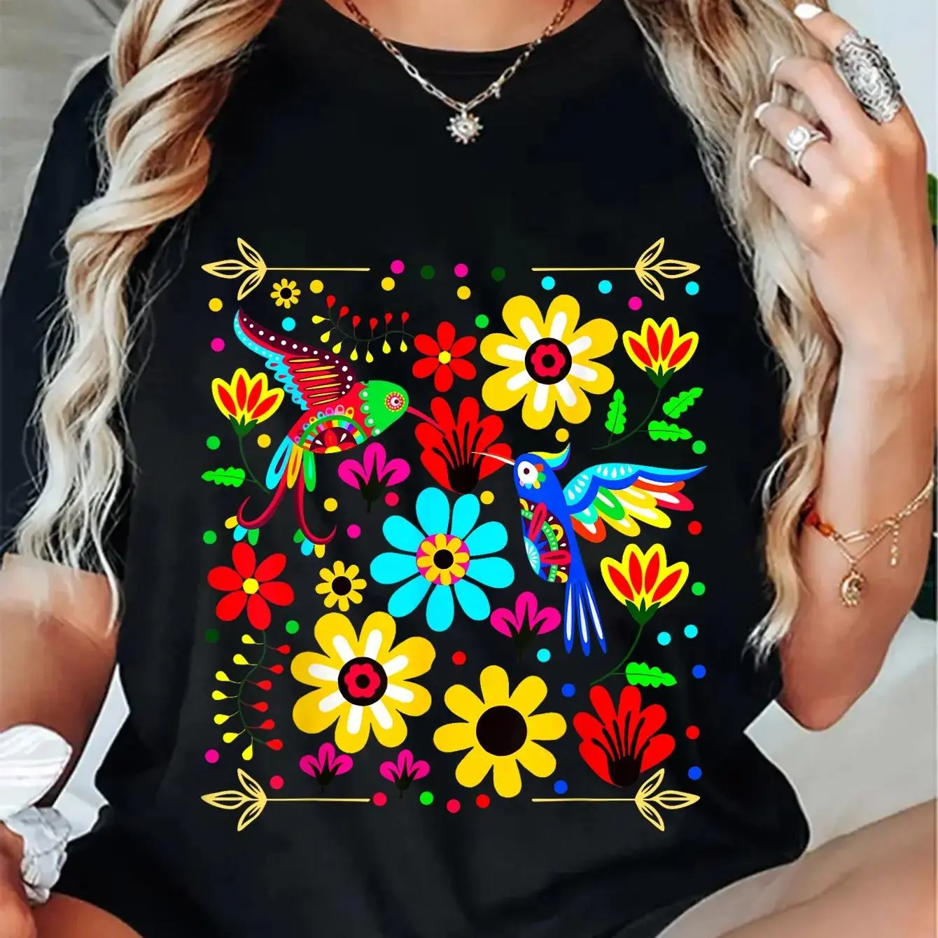 Otomi Style Floral Bird Graphic T-Shirt, Unisex 100% Cotton Oversized Loose Fit Top, Lightweight Fabric for Spring