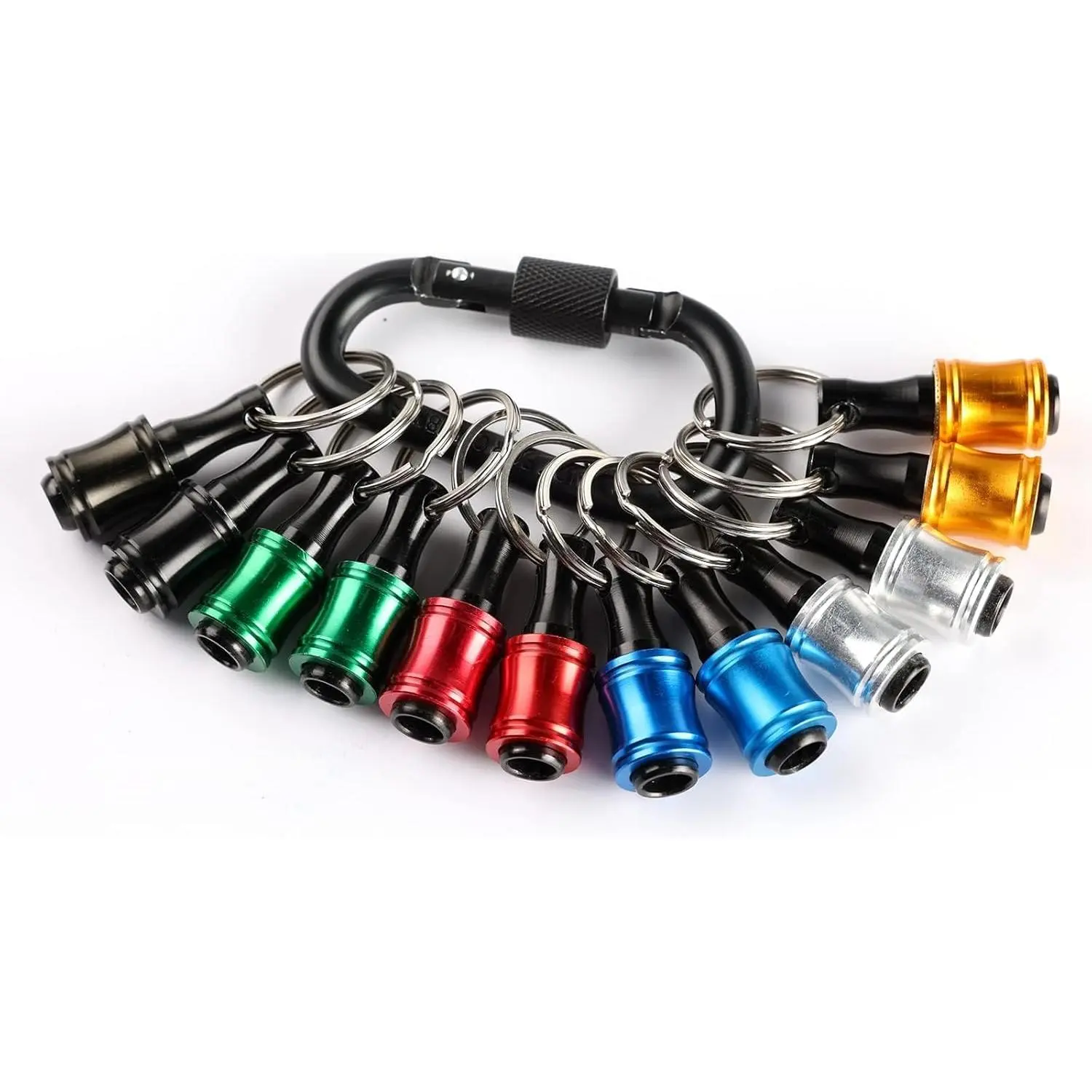 2pc Portable Keychain Steel Bit Holders - Multipack with 1/4 in Hex Shank, Black Carabiner Buckle, Ball Bearing Detent Quick-Release Lightweight Adapter, Clip-On for Drill Extension, Nut Driver, DIY (High Ratings)