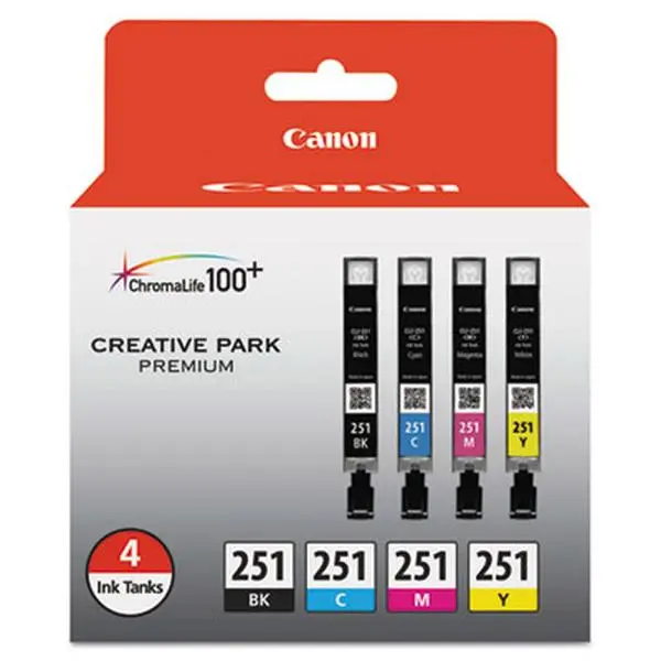 Canon CLI-251 6513B004 Genuine 4-Pack Ink Cartridges, 9ml Quick Drying Chromalife+ CMYK Inks (Black, Cyan, Magenta, Yellow) for Computers & Office Equipment, Quick Drying Ink