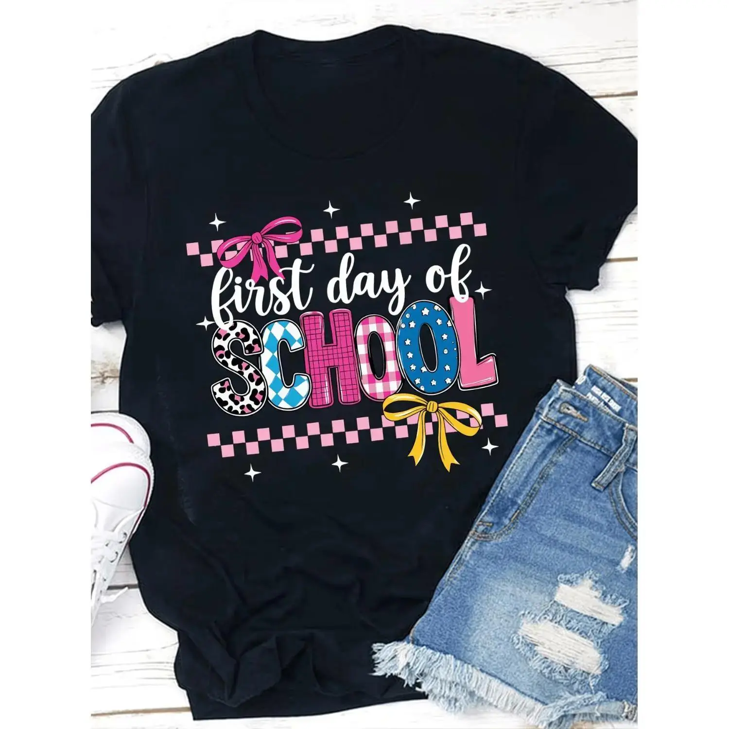Women's Cotton School T-Shirt, Tops for School, Loose-Fit Preppy Classic Round Neck Comfortable First Day Outfit
