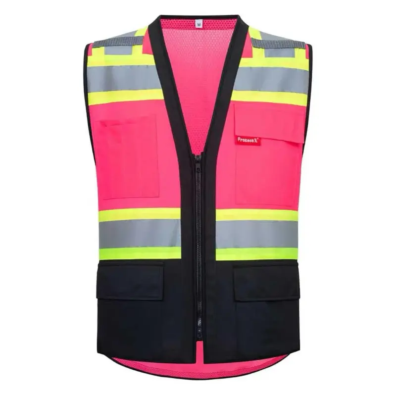 Women's Pink Safety Vest with Black Bottom, Reflective Strips, and Pockets - Workwear Safety Gear, Indoor, Easy-To-Use Everyday Vest, Work Accessories, Simple For Quick Daily Wear, Normal Type, Outdoor/Indoor, Versatile Design, Safety Equipment