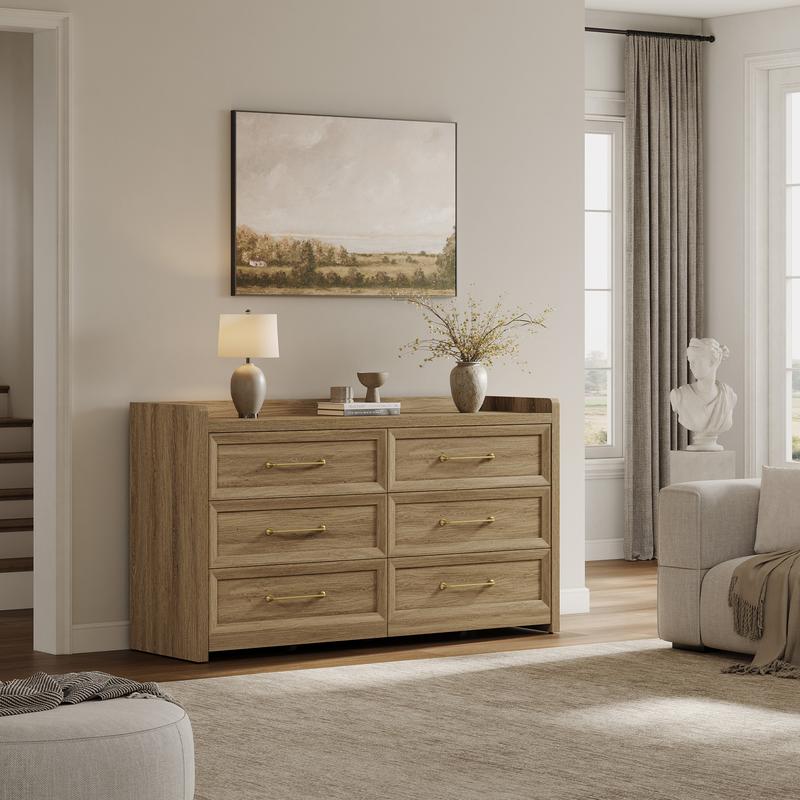 SICOTAS 6 Drawer Dresser for Bedroom-56.4" Extra-Wide Wooden Chest of Drawers with Large Storage, Long Dresser TV Stand with Drawers, Farmhouse Closet Dressers for Nursery Living Room