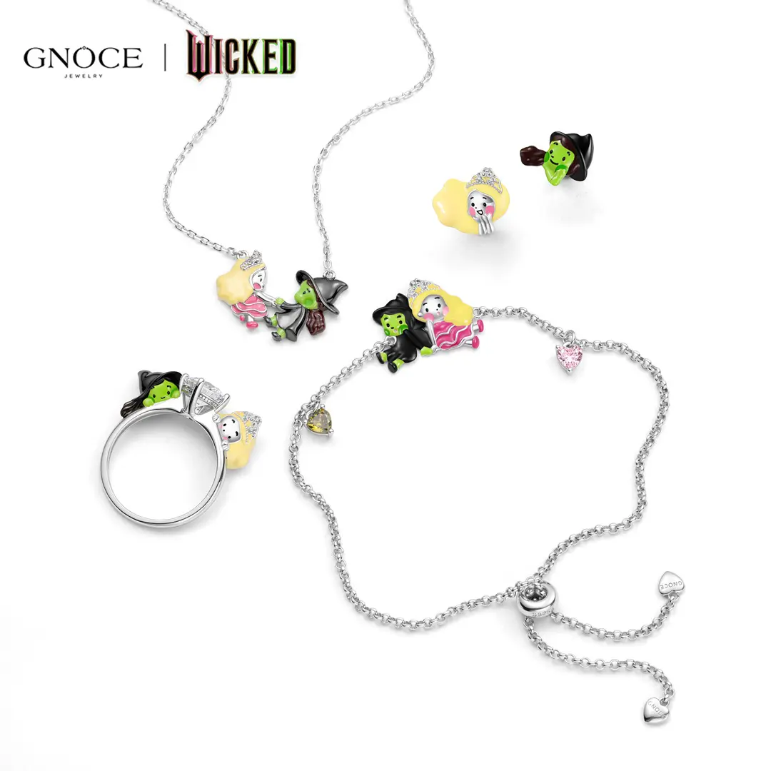 GNOCE Wicked Themed Double Heart Women's Friendship Bracelet, S925 Sterling Silver with Pink, Green & 1 Diamond White Zircon, Adjustable Slider Bolo Clasp Costume Jewelry, Double Heart Friendship Bracelet, Yes, Business Casual Outfits