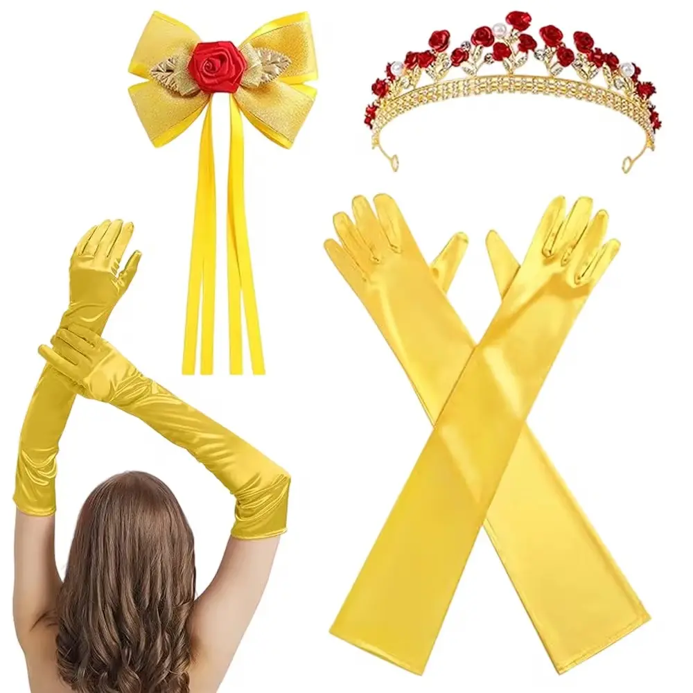 3Pcs Princess Dress Up Accessories Set, Rose Tiara Crown Hair Bow & Yellow Gloves, Elegant Costume Props for Halloween Cosplay Birthday Party Role Play Decor Gifts