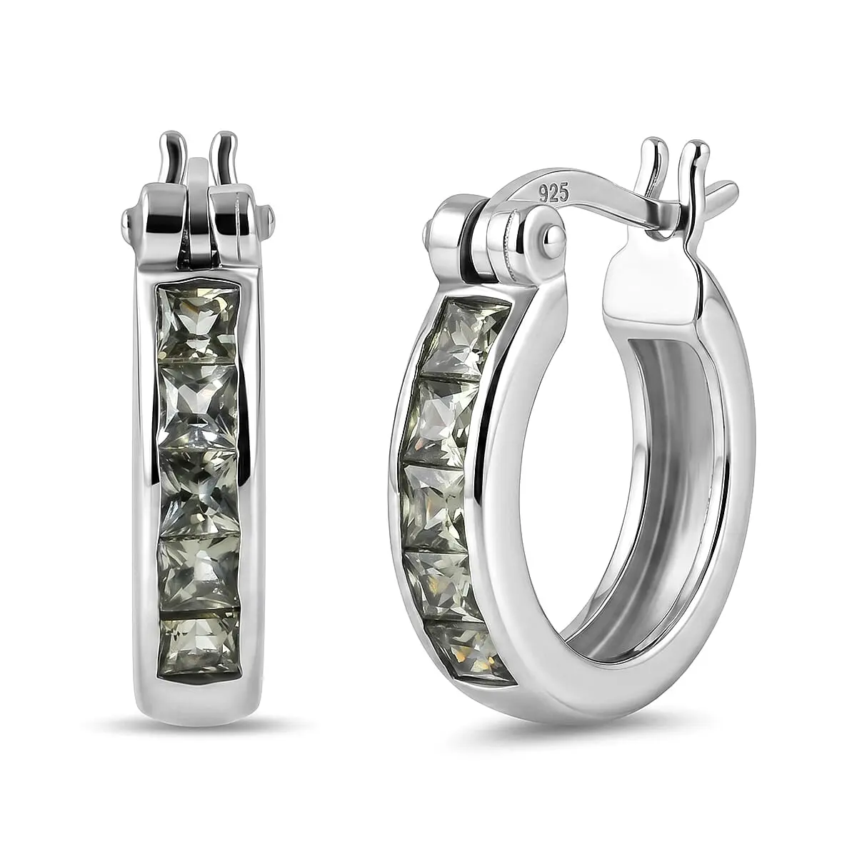 D'Joy Premium Malawi Green Sapphire Empress Hoop Earrings in Rhodium Over Sterling Silver 0.90 ctw