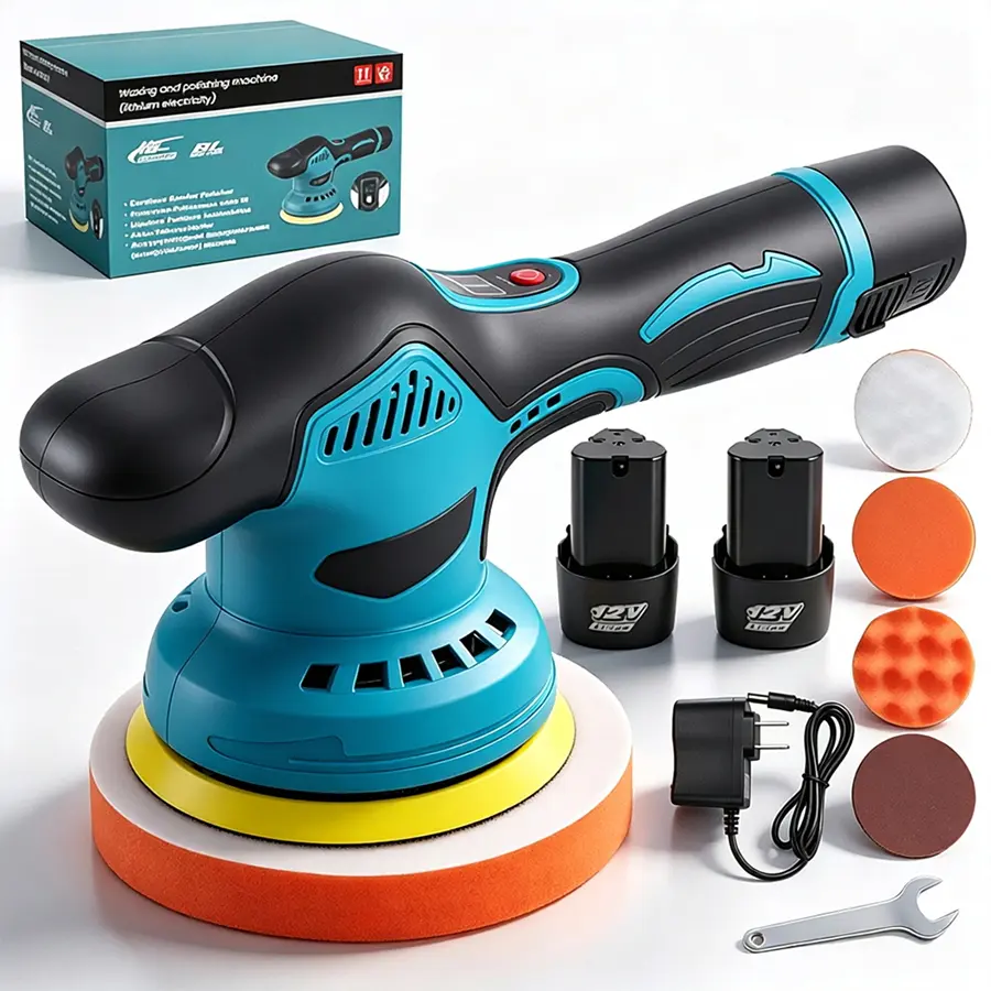 Cordless car polisher kit, including 2 12V batteries, 8-speed adjustable track polisher up to 5500RPM, suitable for detail polishing, scratch removal, and finishing of cars and boats