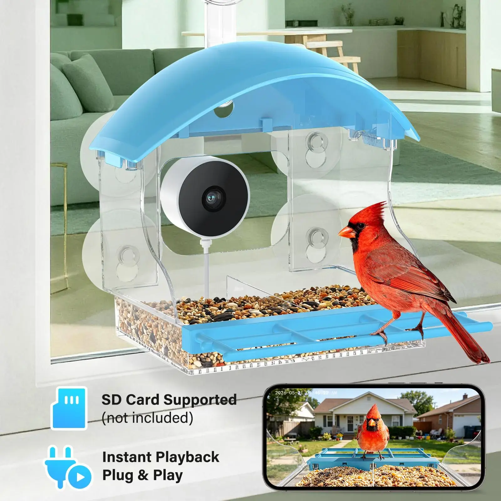 Wi-Fi Dual Security Camera Bird Feeder with AI ID Birds, 2K Live Feed, Instant Arrival Alerts, 2.4G/5G Connectivity, 5 Strong Suction Cups, MicroSD Slot