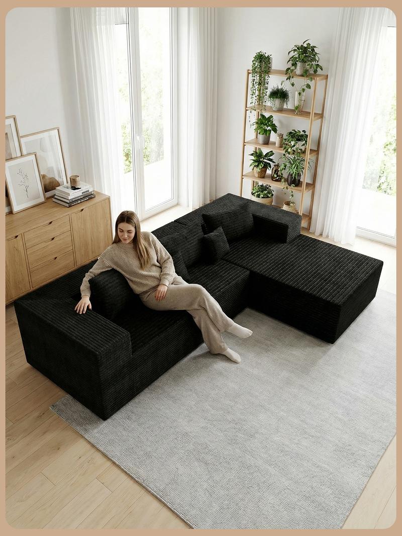 Extra-large L-shaped sofa with chaise lounge, minimalist design with a compact frame, no assembly required, modular cloud-style sectional sofa, 105 inches, suitable for living room and bedroom (Black)
