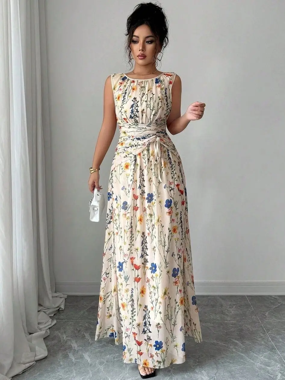 Women's Elegant Summer Floral Mesh Beige Long Dress,Round Neck Sleeveless Drawstring Waist A-Line Brunch Party Dress For Wedding Guest