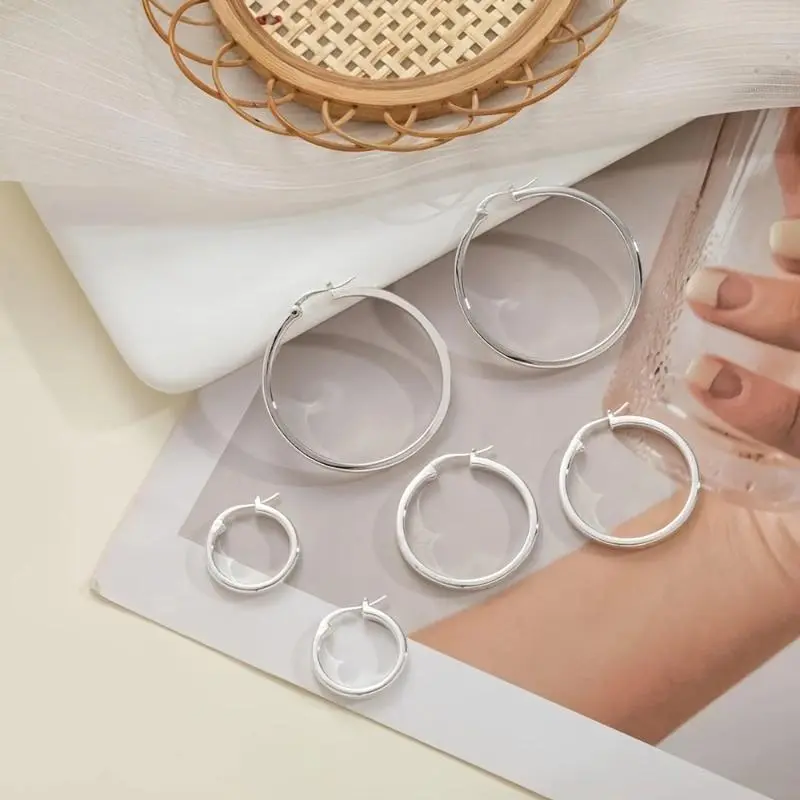 Women's Hypoallergenic 925 Silver 3-Pair Multi-Size Flat Click Hoop Earrings Set (20/30/40mm), Funky Lightweight Accessories for Sensitive Ears - Daily, Party Use, Earrings For Women