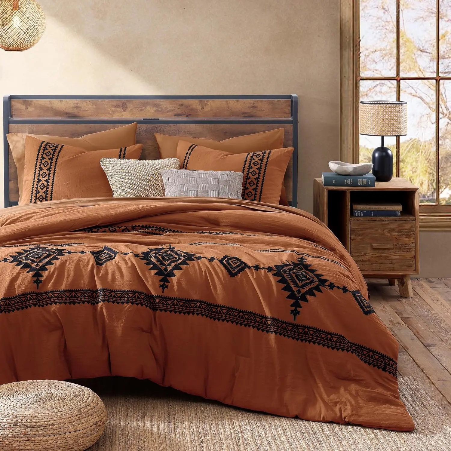 【Summer Sales Deals】MaiRêve Embroidery microfiber Comforter Sets,boho Light Olive Green Western queen bedding Set king Boho bed 7 Pieces,All Season Farmhouse Bed in A Bag Comforter Set with Double Sided Storage Pockets,Pillowcases & Shams bedding sets bed