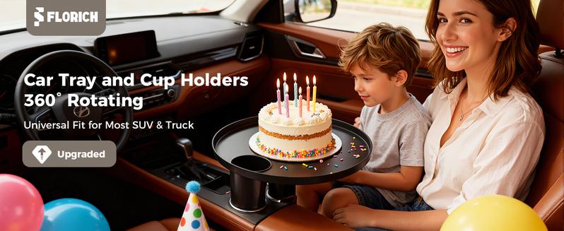 FLORICH All-in-One Car Organizer: Big Cup Holder Expander & 360° Rotating Tray. Universal Steering Wheel Mount Desk Car Tray for Food, Laptop, Drinks. Fits Auto Center Console. Big Cup Holder Expander for Car，Car Cup Holder