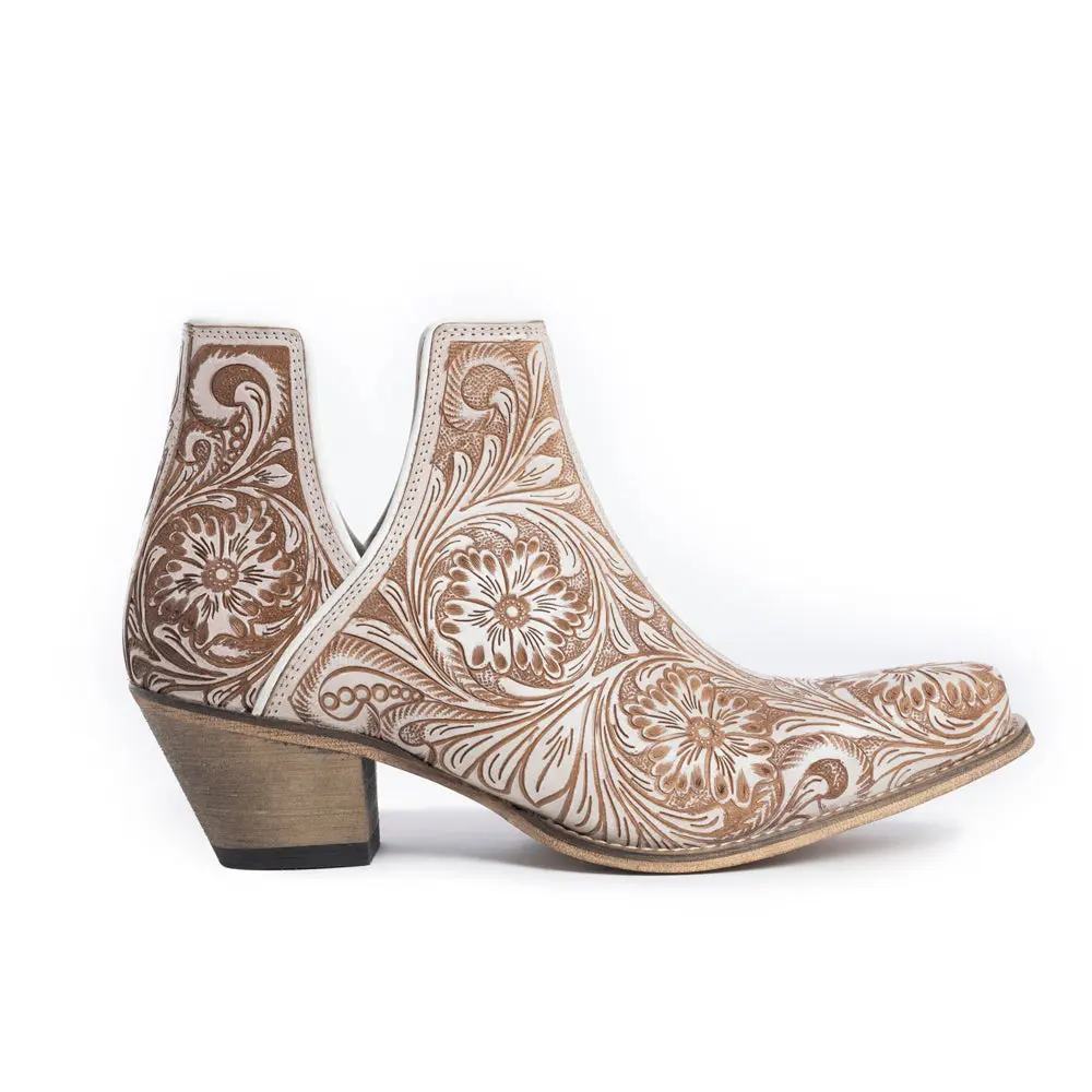 Women's Myra Hand-Tooled Genuine Leather Ankle Booties - Classic Stylish Western Cowgirl Footwear with Floral Detail, Western OOTD Cowboy Aesthetic Comfortable Boots