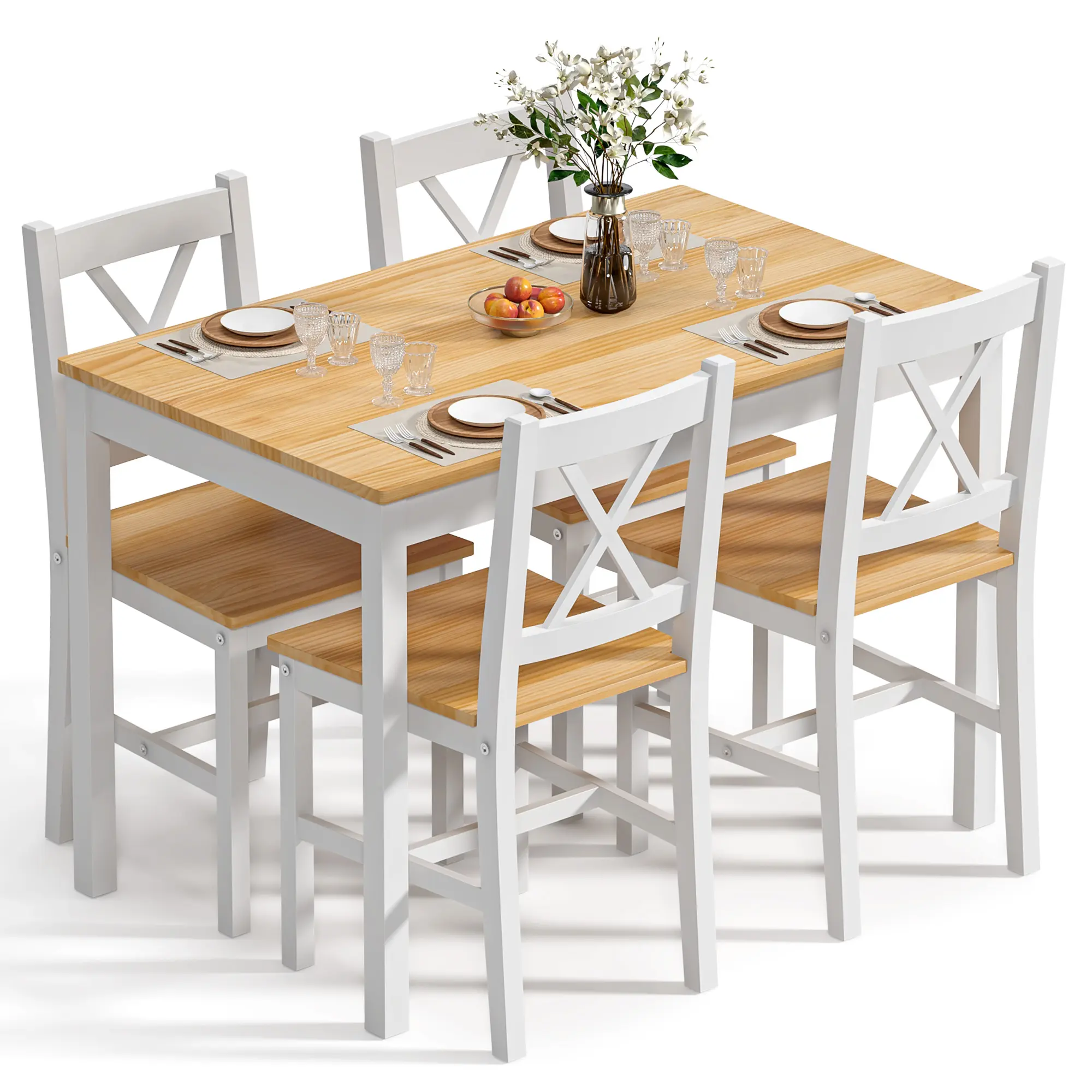 Soges 5-Piece Solid Wood Dining Table Set with 4 Chairs, Farmhouse Rectangular Kitchen Table Set for Small Space, Easy Assembly Desk for Kitchen, Dining Room, or Restaurant