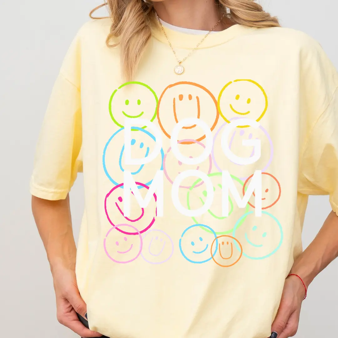 Dog Mom Smiley Face Graphic Tee, DTG Printed Comfort Colors Graphic Tee, Unisex Cotton Tee