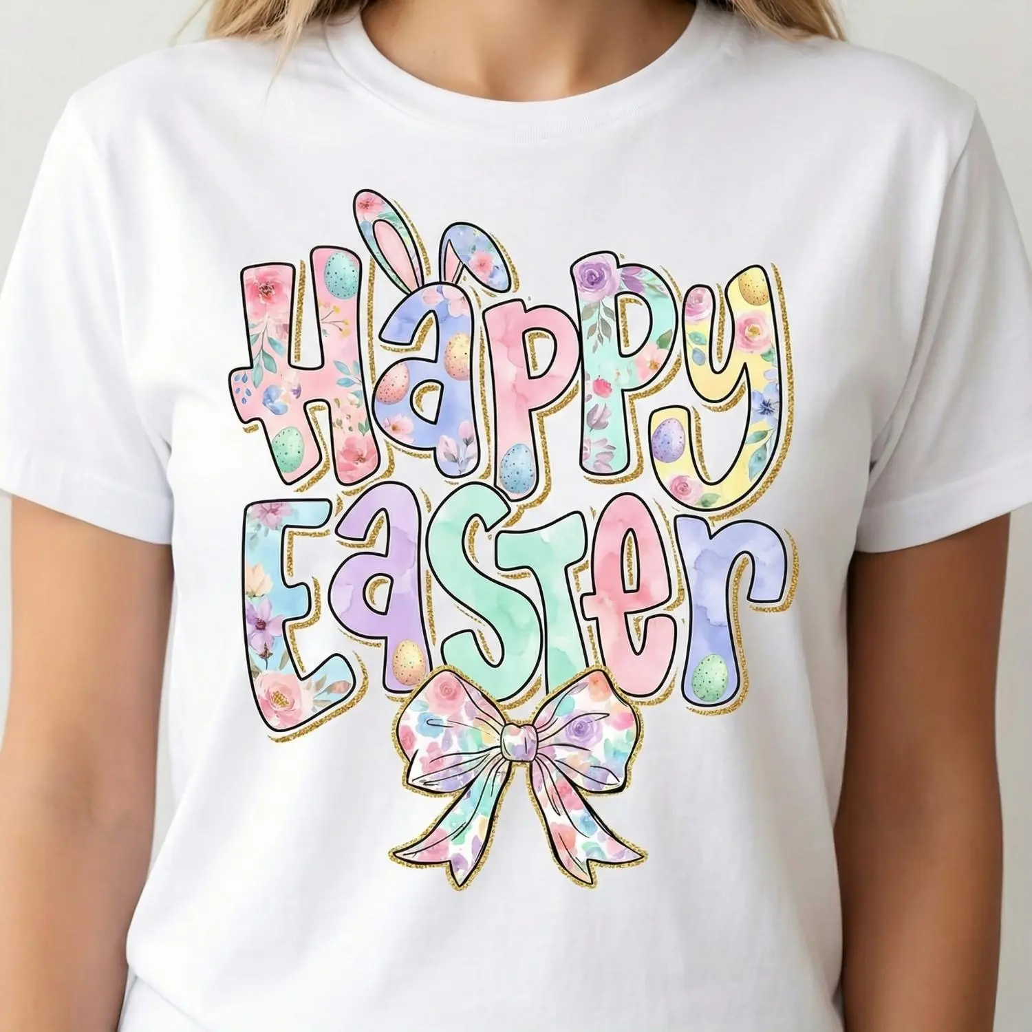 Vibrant Colorful Easter Bunny and Bow Graphic Tee for All Seasons Unisex Casual Short Sleeve Cotton T Shirt No Dry Clean Needed