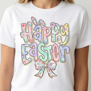 Vibrant Colorful Easter Bunny and Bow Graphic Tee for All Seasons Unisex Casual Short Sleeve Cotton T Shirt No Dry Clean Needed