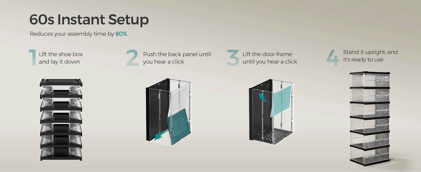 SONGMICS Foldable Shoe Boxes, Portable Shoe Storage Organizer, Portable Design, Fits Up to US Size 13, 60s Assembly