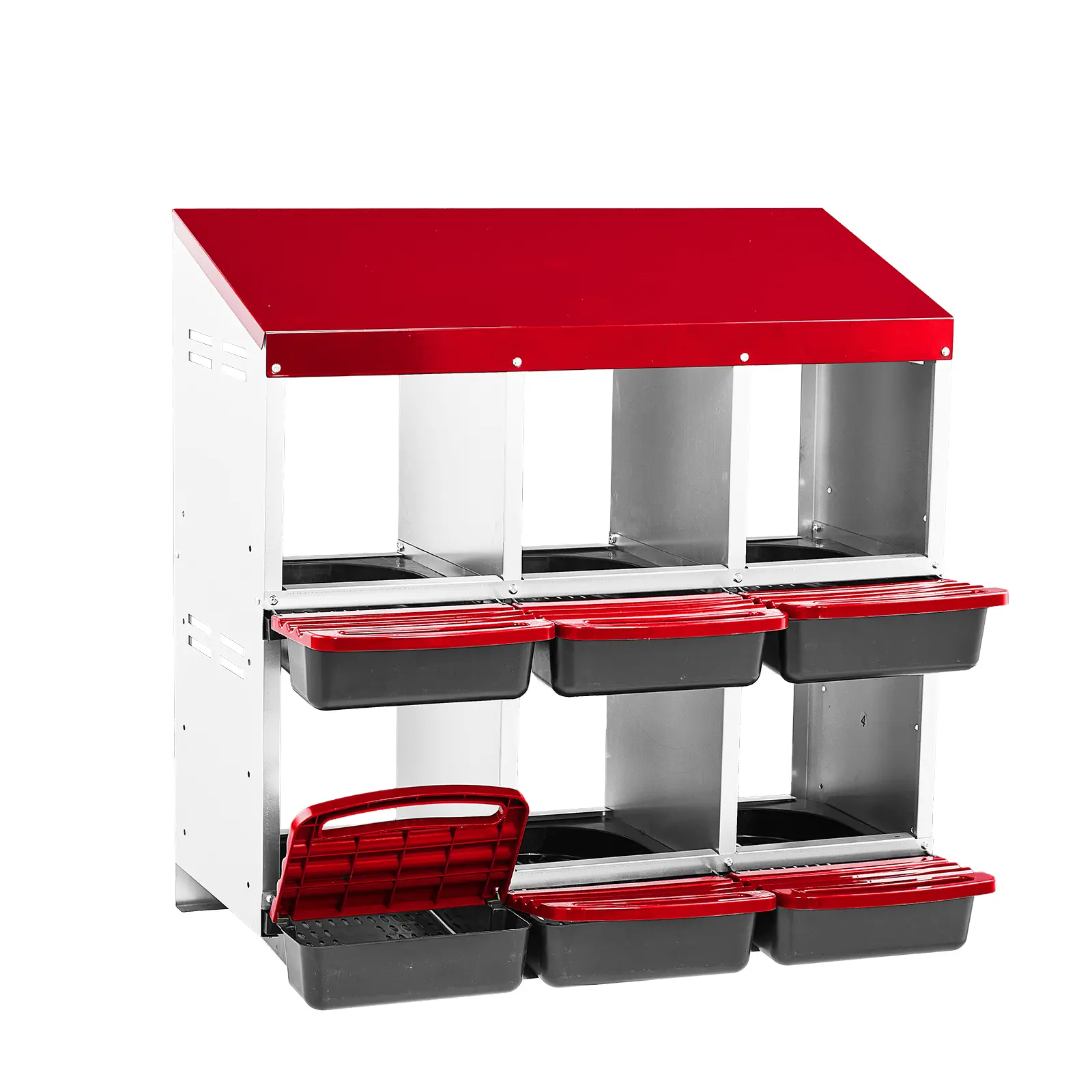 6-Compartment Steel/Plastic Chicken Nesting Box for Laying Eggs, Wall-Mount Poultry Brooder Box with Ventilation Hole, Rollaway Tray for Easy Collection & Reduces Stress, Cleanable Pull-Out Tray (13 kg/28.7 lbs, 31.9x20.4x29 in/81.0x51.8x73.7 cm), Red
