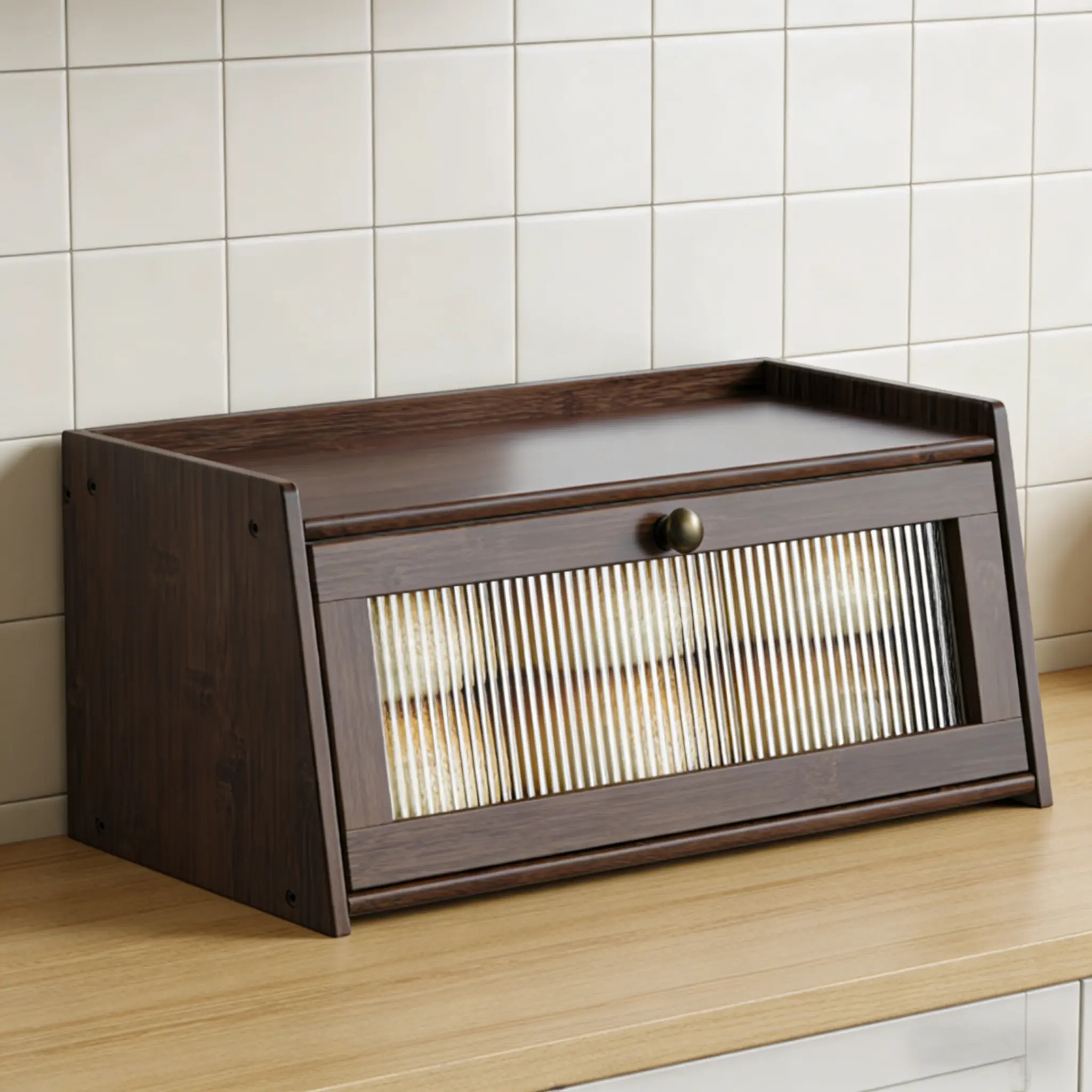 Bamboo Bread Box with Bamboo Lid for Kitchen Counter - Airtight Trapezoid Pantry Storage Container, Large-Capacity Single-Layer Wooden Bread Holder with Window, Airtight Food Storage Solution