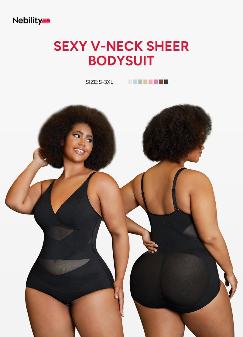 Nebility Women's V Neck Minimalist Comfortable Basic bodysuits shapewear mesh breathable sleeveless womenwear High Stretch Girdle Compression Womenswear