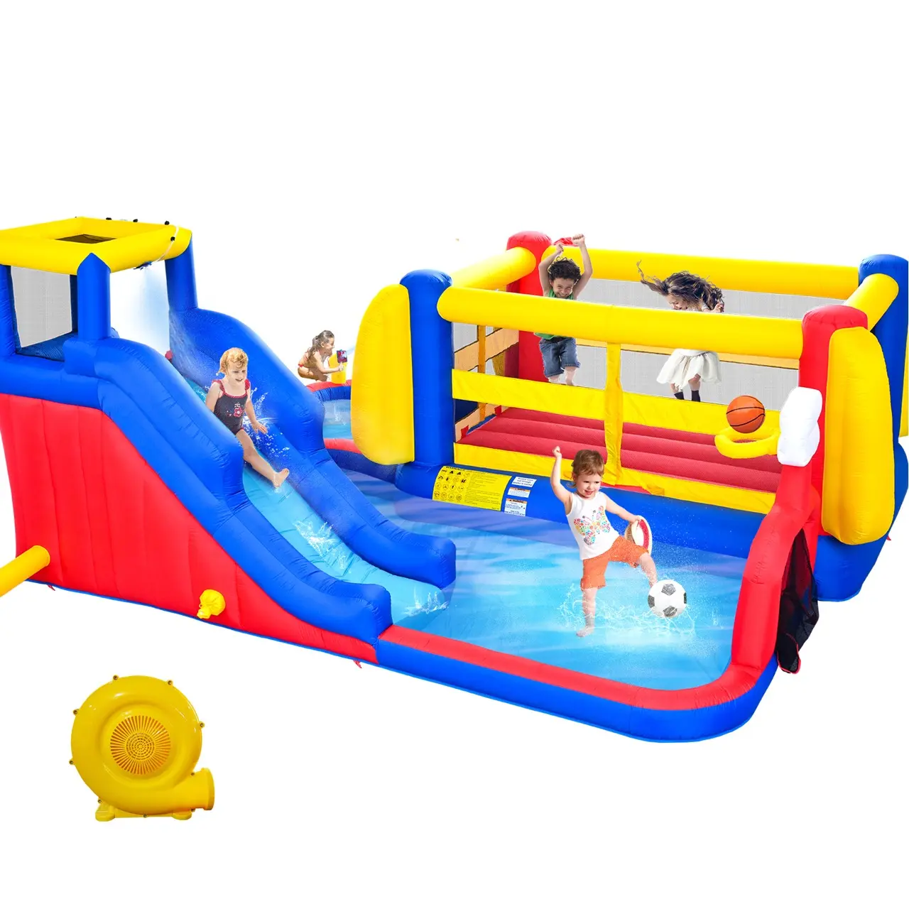7-in-1 PVC Inflatable Water Park Playset - Kids' Portable Outdoor Sports Playground Equipment with Swimming Pool, Basketball Hoop, Football Gate, Water Cannon, Climb Wall, Bouncy House, Blower, Swimming Pool Portable, Polyvinyl Chloride (Pvc)