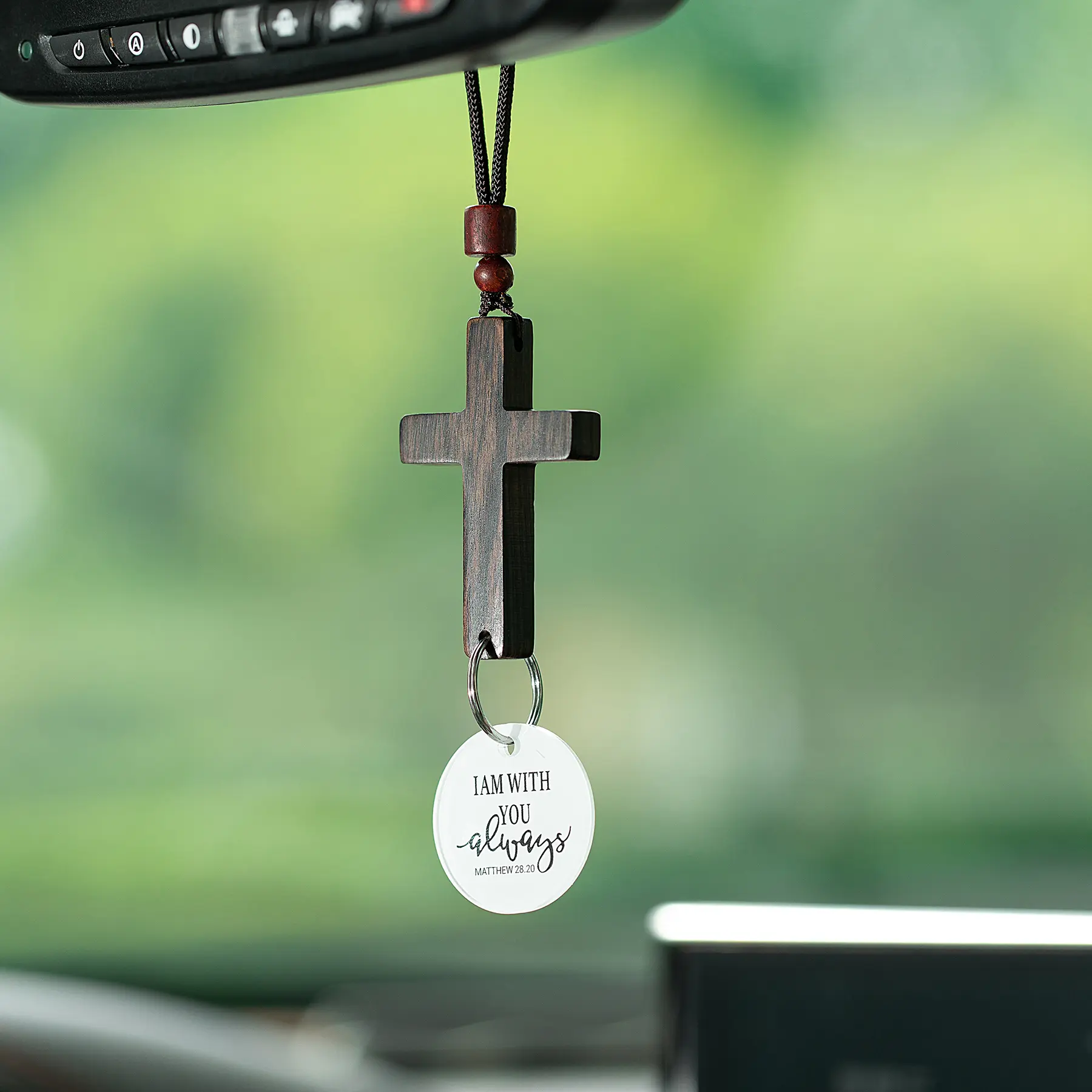 Solid Sandalwood NFC Daily Bible Verse Car Rearview Hanging Cross Ornament, "I Am With You Always" Hand-Sanded Christian Accessory, Vehicle Car Trinkets for Mirror Decor,  Gift for Holiday Birthday Gift - Automotive