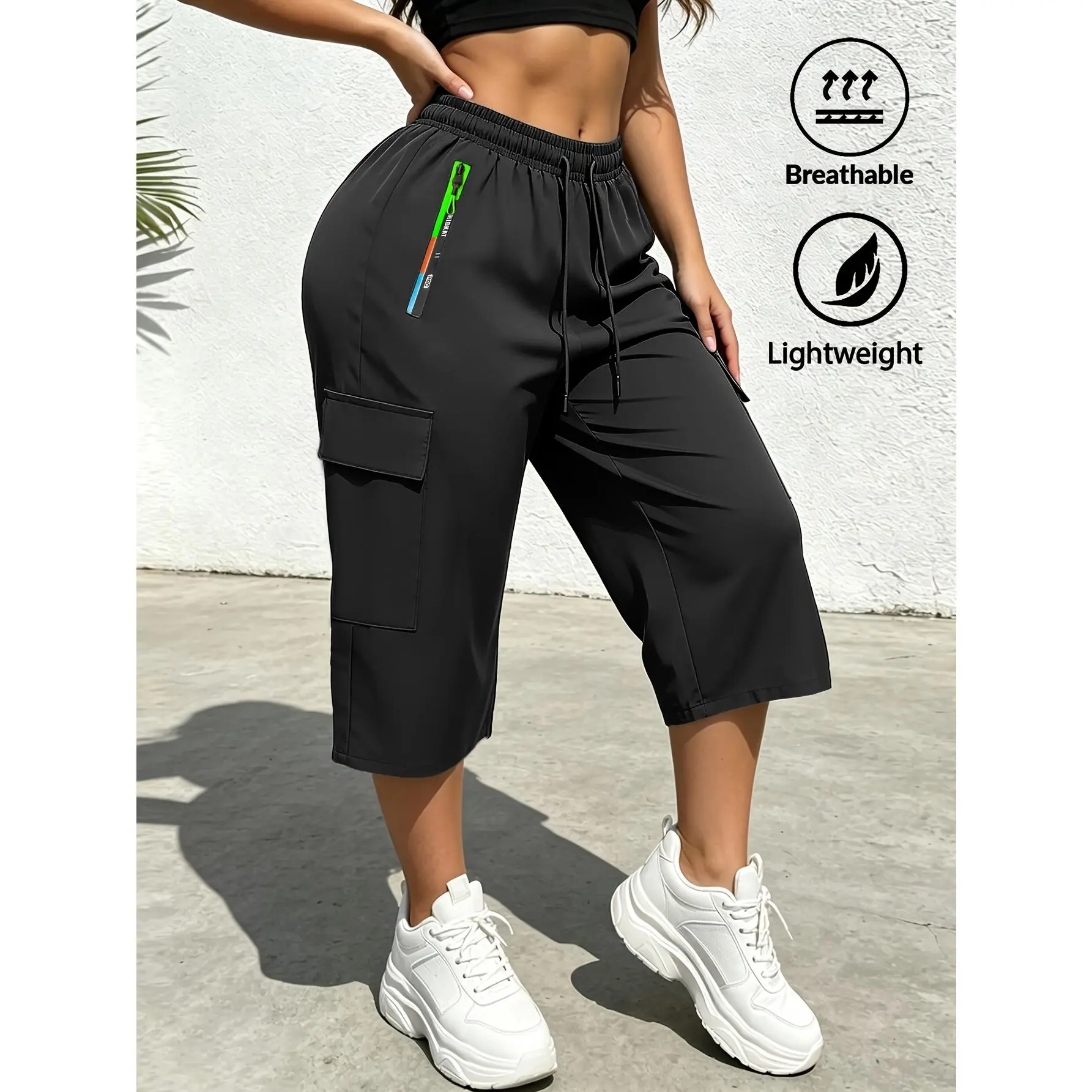 Women's Minimalist Basic Lady Bottom Solid Color Cargo Capri Pants - Elastic Waist with Drawstring, Multicolor Zipper, Large-Capacity Pockets, Suitable for Outdoor Leisure, Sports, Capri Pants Women