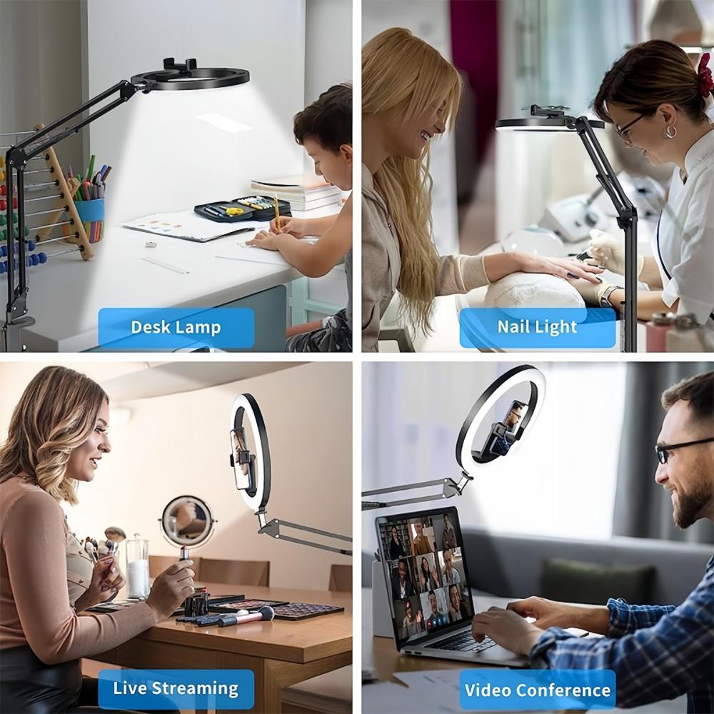 Adjustable Mechanical Arm Phone Mount with 10" Dimmable Ring Light & Remote, LED Selfie Ring Light for Desk with Phone Holder Fill Lamp, 1/4" for Camera, Universal For 4.7-7" Phone, for Selfie YouTube Tiktok Live Stream Cooking Video Recording Vlog