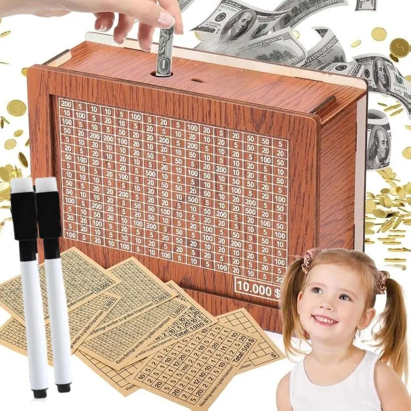 Wooden Money Saving Bank with Counter – 1-Pack Savings Jar with Pen, Ideal for Adults & Kids, Perfect Wooden Savings Gift for Teenage Girls and Friends Ornaments Decor