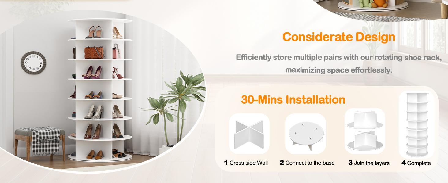 7-Tier Rotating Shoe Rack Tower - 360 Spinning Shoe Organizer, Vertical Lazy Susan, Closet Cabinet Rack for 28 Pairs of Shoes Bags Plants