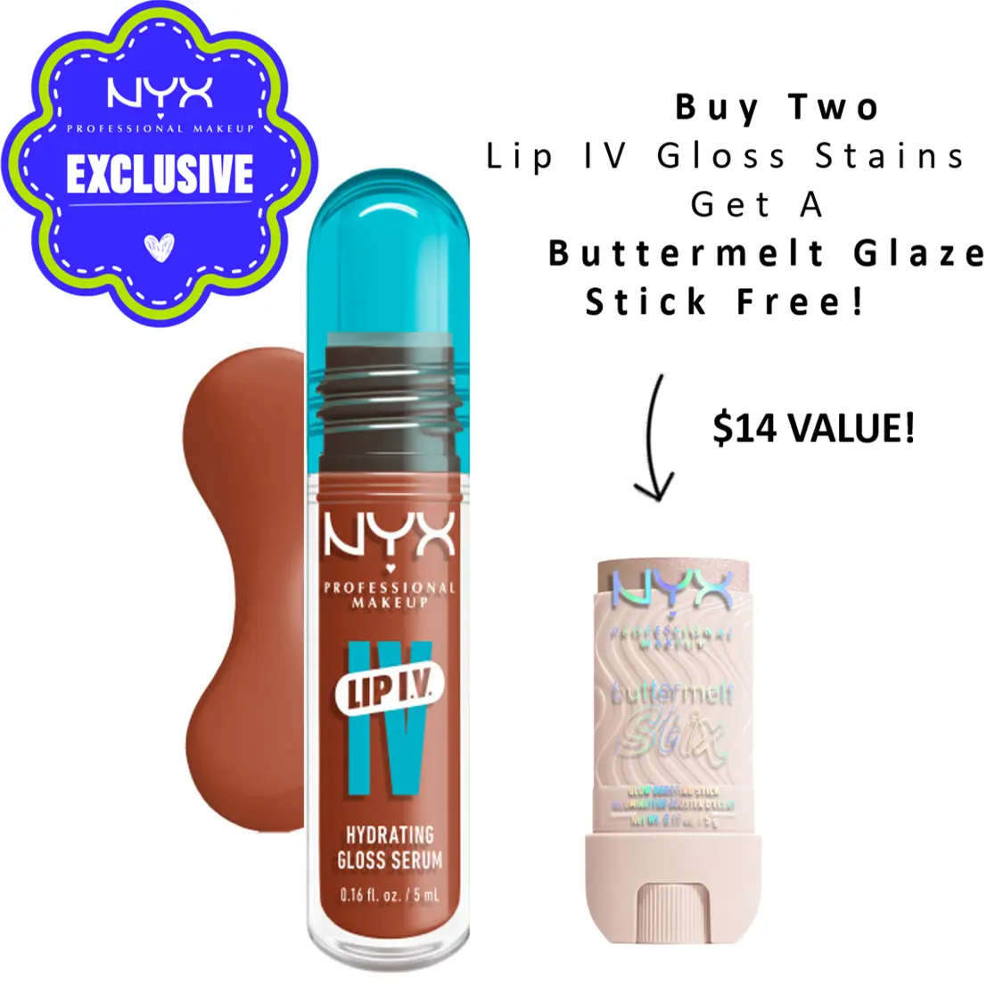 Lip I.V. Hydrating Lip Gloss Serum + Stain, 12HR Lightweight Hydration with Magnesium, Vitamin B12 & Coconut Water, NYX Professional Makeup
