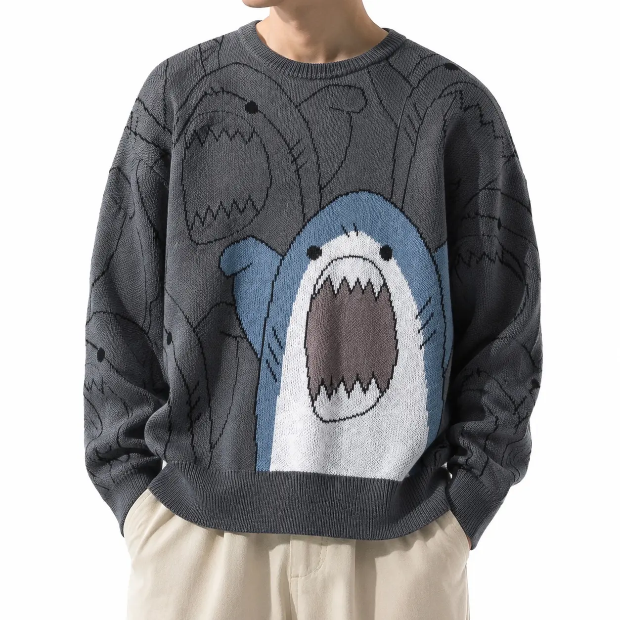 2026 #SummerVibes Men's Cartoon Shark Print Round Neck Streetwear Sweatshirt, Regular Fit Casual Street Fashion Long Sleeve Pullover for Fall & Winter, Men's Clothes for Daily Wear Sweater