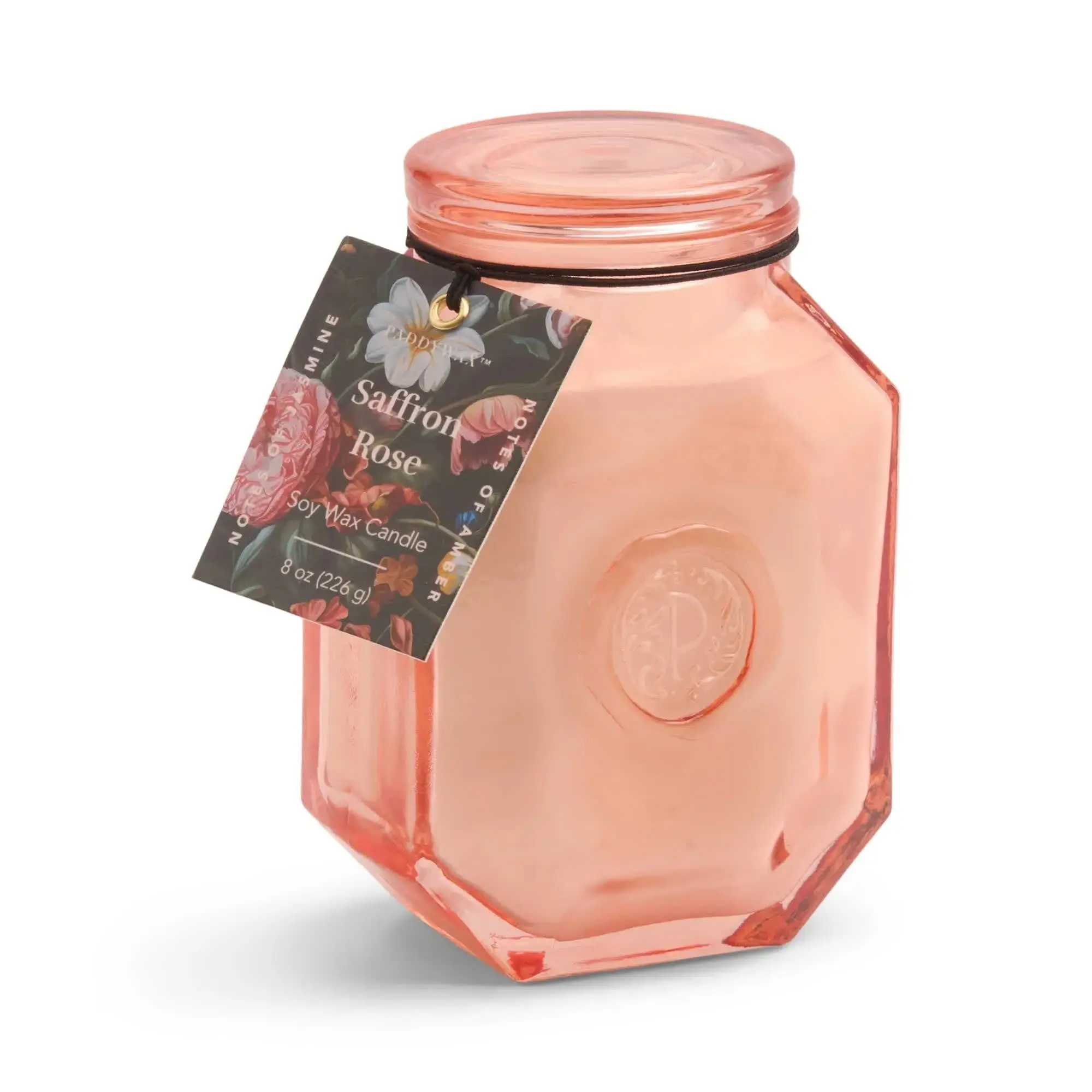 Botanica Saffron Rose-Scented Tinted Embossed Glass Candle, 8 oz Chic Home Decor House Decoration Aroma Candle with Berry Notes Wax