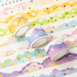 Cloud & Star Pattern Washi Tape, 1 Roll Bronzing Cloud Wave Series Tape Sticker, DIY Decorative Tape for Student Diary Scrapbooking, Adhesive Tape