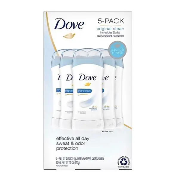 Dove Original Clean Antiperspirant Deodorant, 5 pk Net 2.6 oz (74g) each. Effectivw all day sweat & odor protection