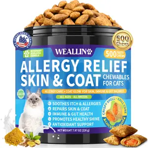 WEALLIN Cat Probiotic Chews 500 Count, Krill Core & Omega-3, Skin & Immune Support for Itchy Coat & Seasonal Comfort, Chicken Flavor for All Breeds