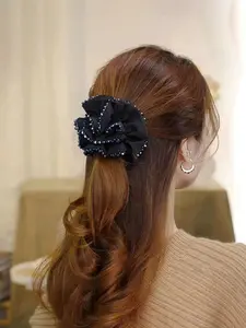 High-quality satin printed hair ties, a must-have item for women during the New Year season, adorned with rhinestones in various colors.