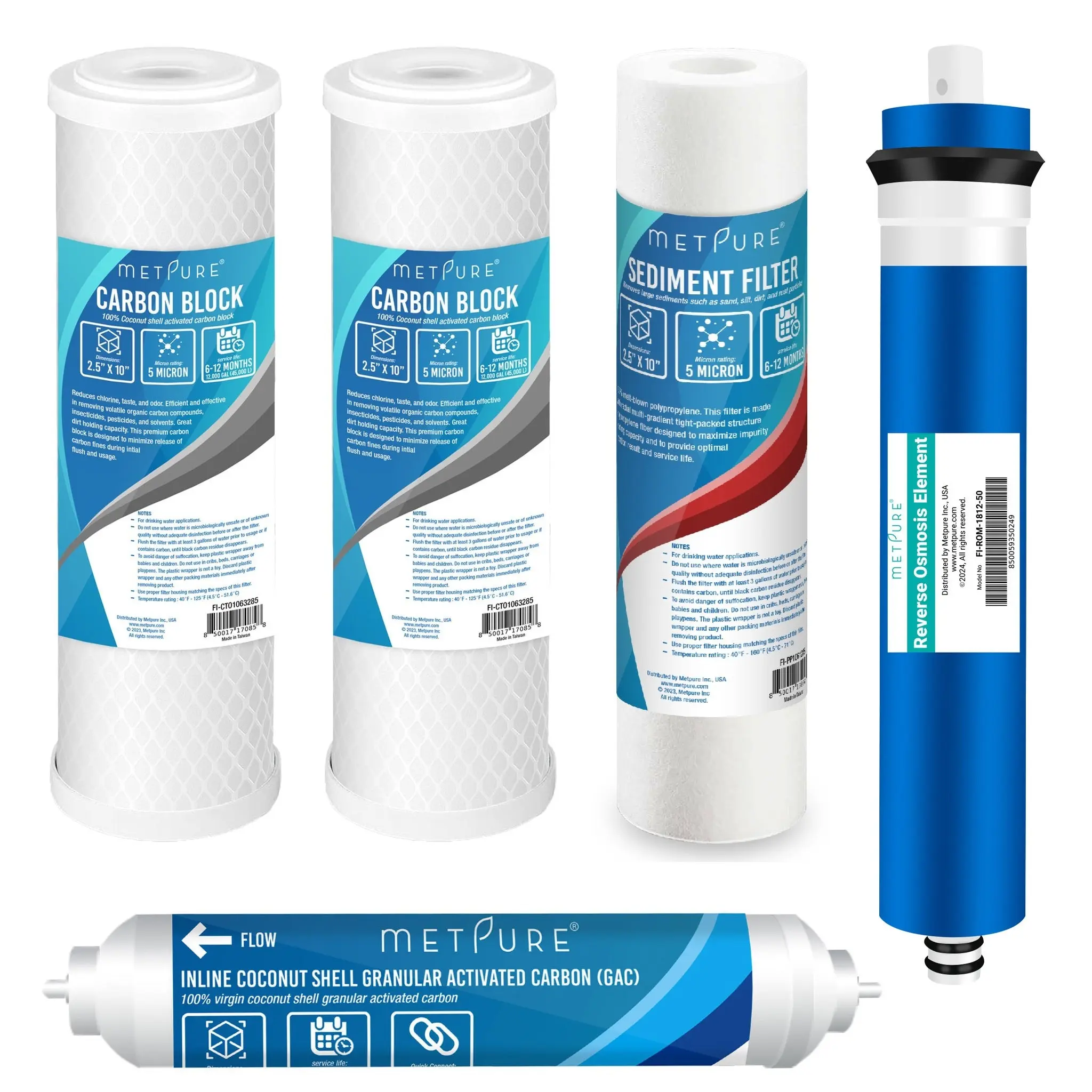 5 Pack Replacement Filters for RO Drinking Water System - (1) 50 GPD RO Reverse Osmosis Membrane + (1) 10" GAC W/ 1/4" Quick Connect Ports + (2) 10" x 2.5" Carbon Block + (1) 10" x 2.5" PP Sediment