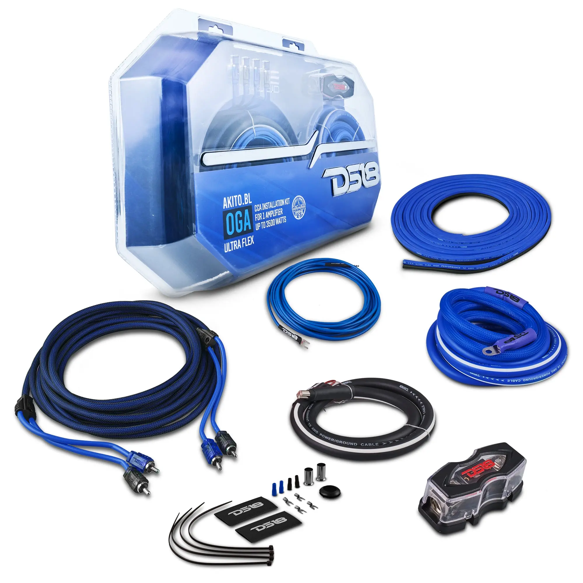 DS18 0-GA Pre-Loaded 3500W Car Audio Amplifier Installation Wiring Kit - Blue, Grommet, Routing Tools, 0-Gauge CCA Power/Black Ground Cable, 22g Wire, 250A Fuse Ready, Red Super Flex-Twist Line, 17ft Speaker Line, 17ft 2-Channel RCA Audio Cable