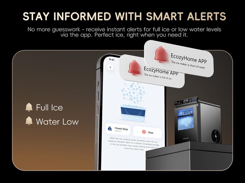 ecozy Nugget Ice Maker Countertop, Smart Pebble Ice Machine with APP Control, 44 lbs/24H Soft Pellet Chewable Ice with Self-Cleaning, Stainless Steel