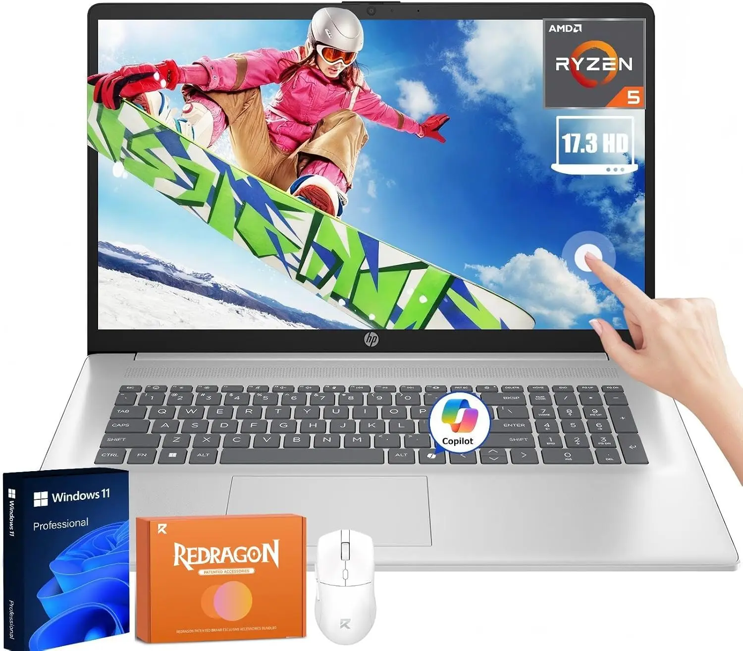 HP 17.3" Touchscreen Business Laptop - AMD Ryzen 5 Processor, 16 GB RAM, 1 TB NVMe SSD, HD+ Anti-Glare Display, Wi-Fi 6, Copilot-AI, 128 GB USB Flash Drive, HP Fast Charge, Windows 11 Pro, REDRAGON Mouse