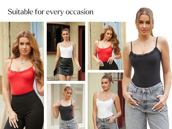 Popilush Lace adjustable Strap Bust BodySuits Women - Going Out Cute Tops Square Neck Sleeveless Tummy Control Mesh Feminine Seamless Elegant Camisole Concert Outfits Spaghetti Strap Womenswear