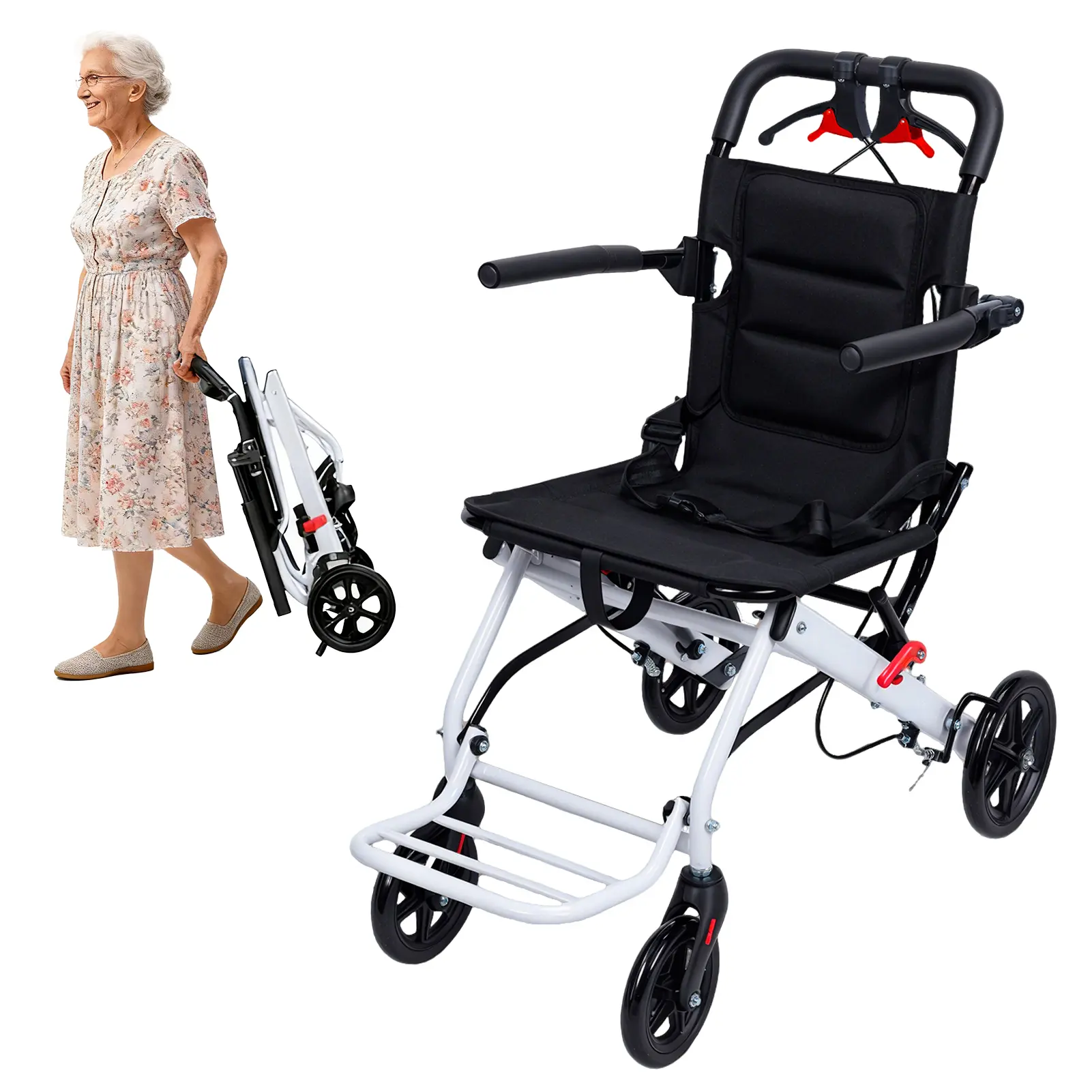 Portable Folding Transport Wheelchair for Adults, Lightweight Wheelchair Foldable with Handbrake & Ergonomic Strap, 180 lbs Load Capacity for Travel - Outdoor Leisure Healthcare Equipment