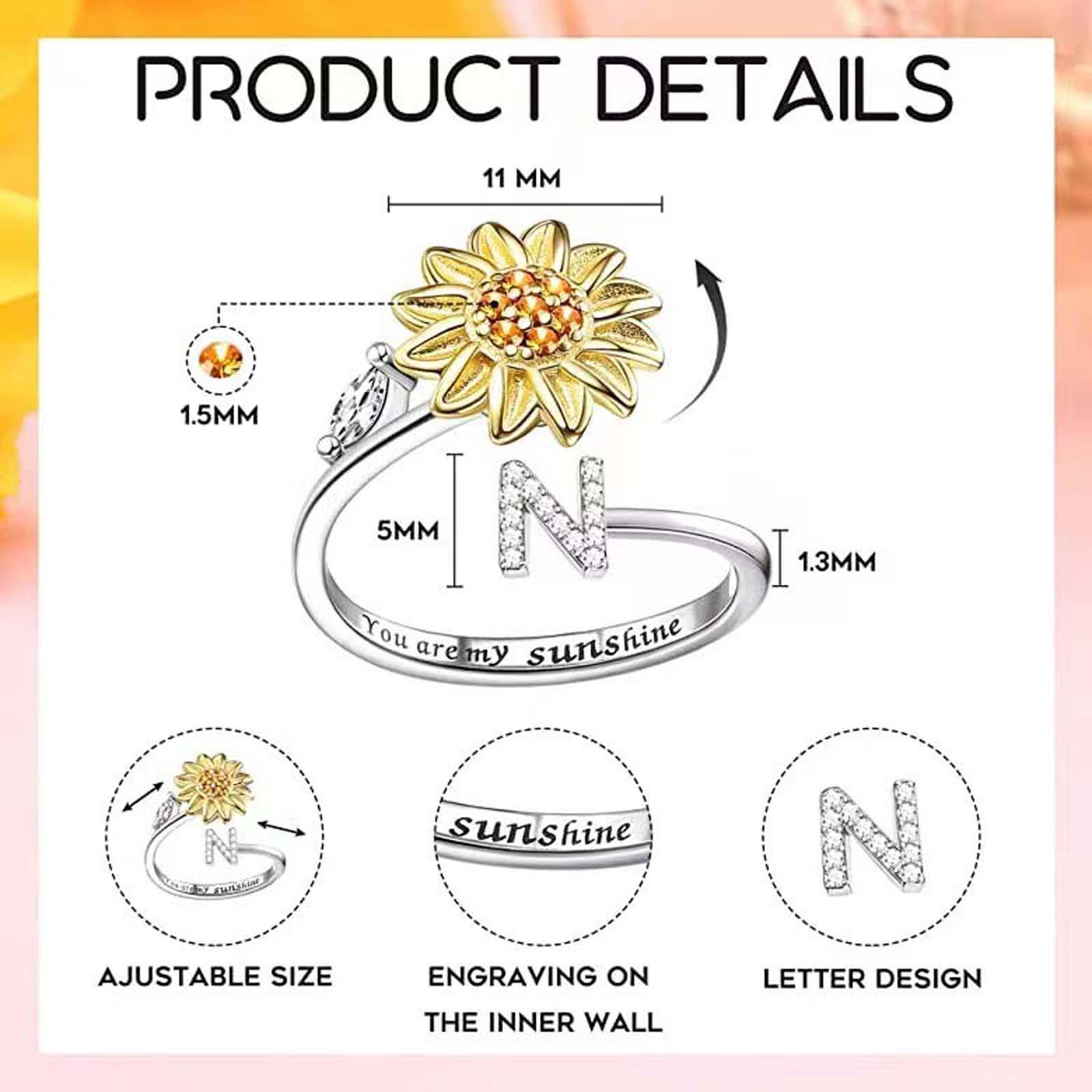 "You Are My Sunshine" Floral Artificial Gemstone Spinner Ring - Customized with 26-Letter A-Z Initial Letter Set, Spinner Mechanism, Flowers, Unisex Daily Wear Jewelry Gift for Women & Adults