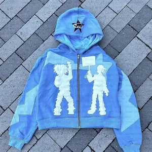 Y2k American High Street Trend Jacket Men Creative Embroidered Zipper Hoodie Harajuku Fashion Retro Oversized Sweatshirt Women Tops Blue Casual Long Sleeve Aesthetics Menswear Pullover