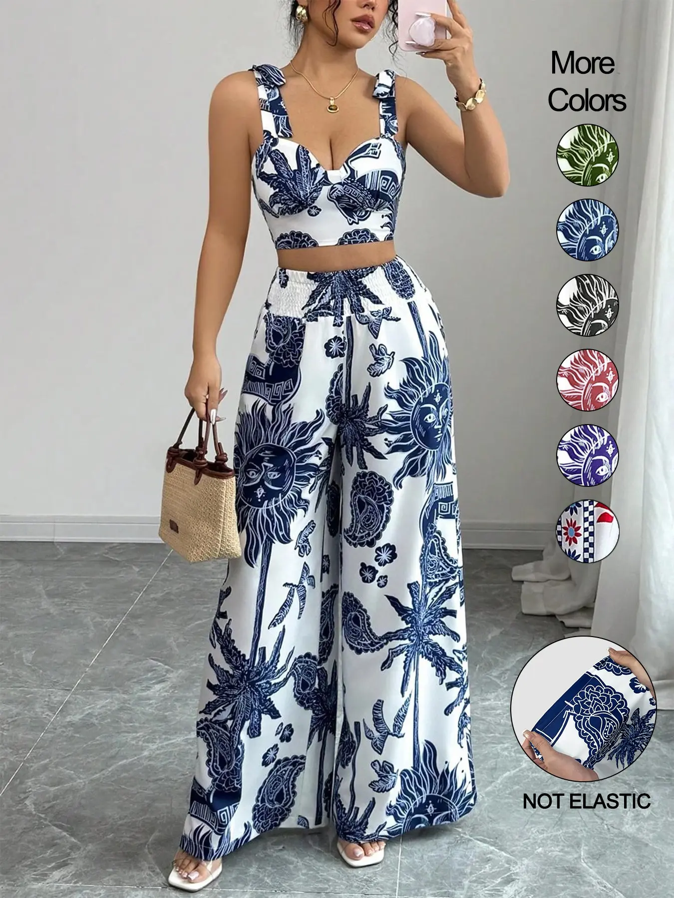 Women's Boho Style Chic Floral Print Sleeveless Top & Belted Straight Leg Pants Set, Summer Casual for Vacation Wear