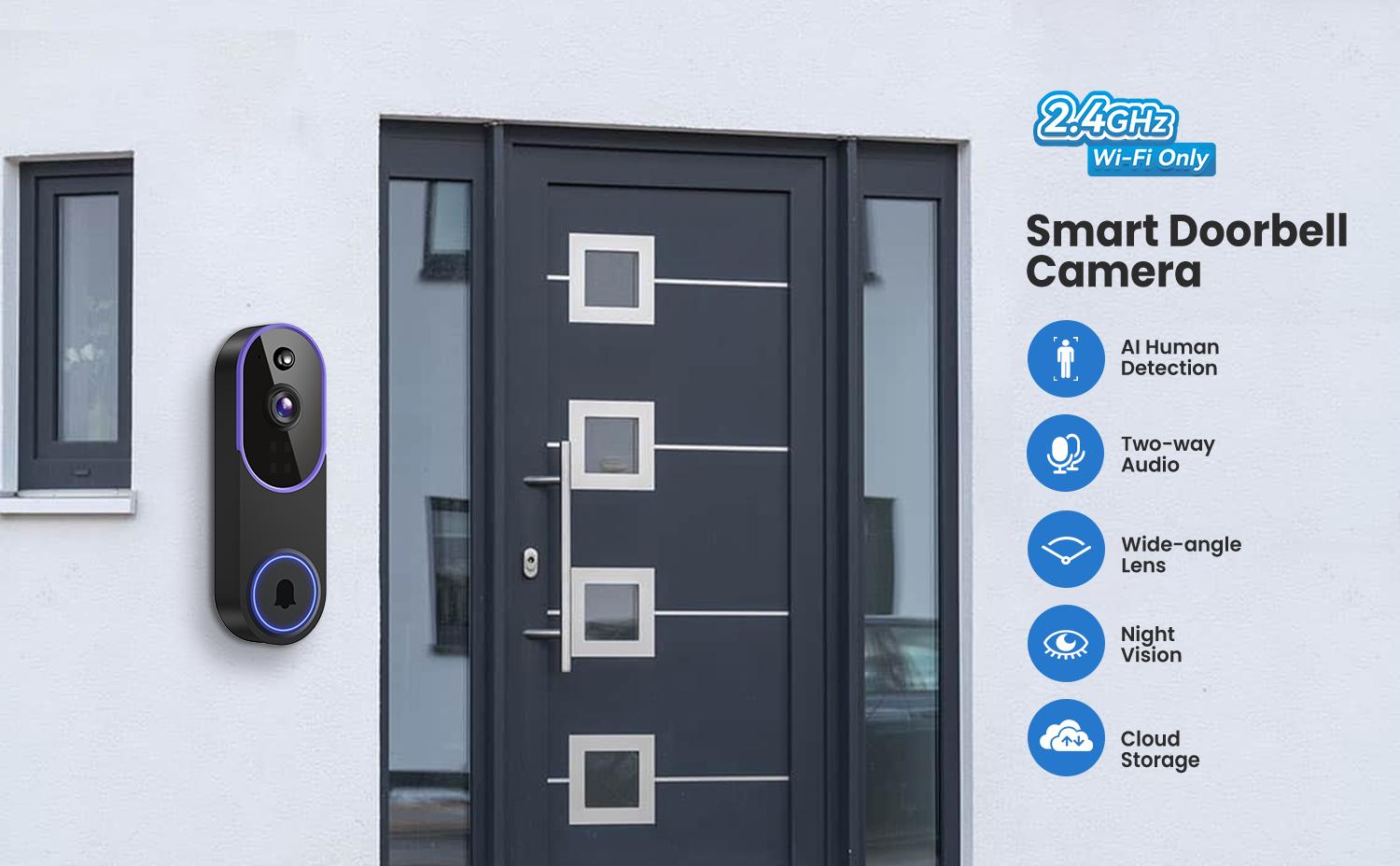 Wireless Video Doorbell Camera, Smart Security Doorbell Camera, 1080P, AI Human Detection , Night Vision, Instant Alert, Two Way Audio, 2.4G WiFi Only, Simple Installation and Rechargeable Battery, Cloud Storage, WiFi Camera